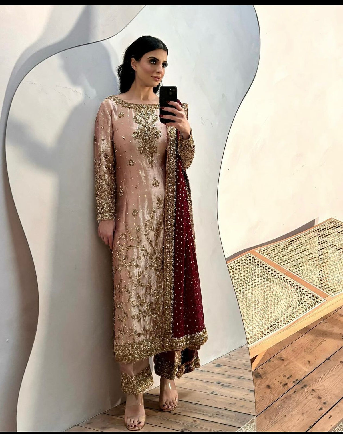 Peach Salwar Suit With Maroon Dupatta All Over Work