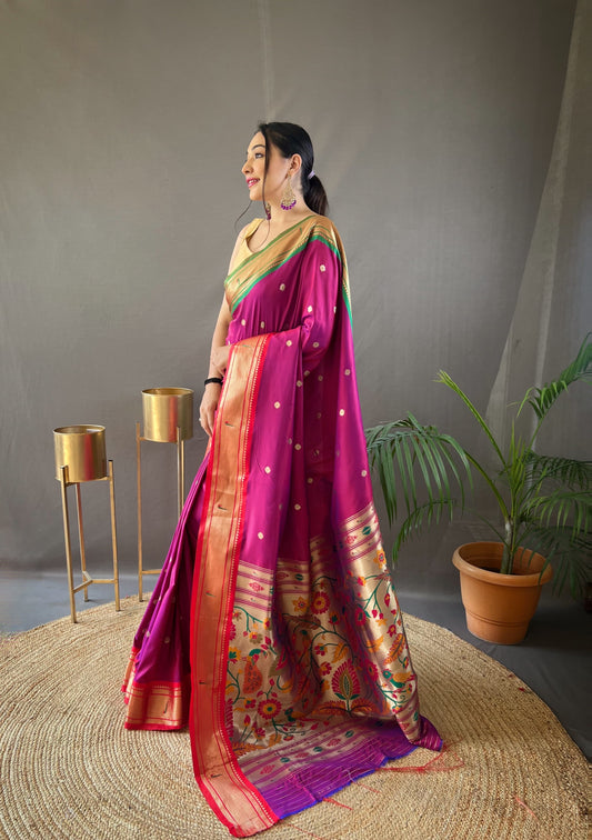 Alluring Pink Color Ganga Jamuna Paithani Designer Saree