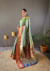 Gorgeous Pista Color Ganga Jamuna Paithani Designer Saree