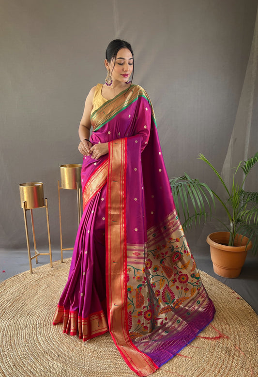 Gorgeous Pink Color Ganga Jamuna Paithani Designer Saree