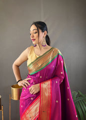 Gorgeous Pink Color Ganga Jamuna Paithani Designer Saree