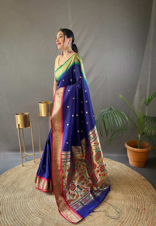 Gorgeous Navy Blue Color Ganga Jamuna Paithani Designer Saree