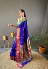 Gorgeous Blue Color Ganga Jamuna Paithani Designer Saree