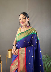 Gorgeous Navy Blue Color Ganga Jamuna Paithani Designer Saree