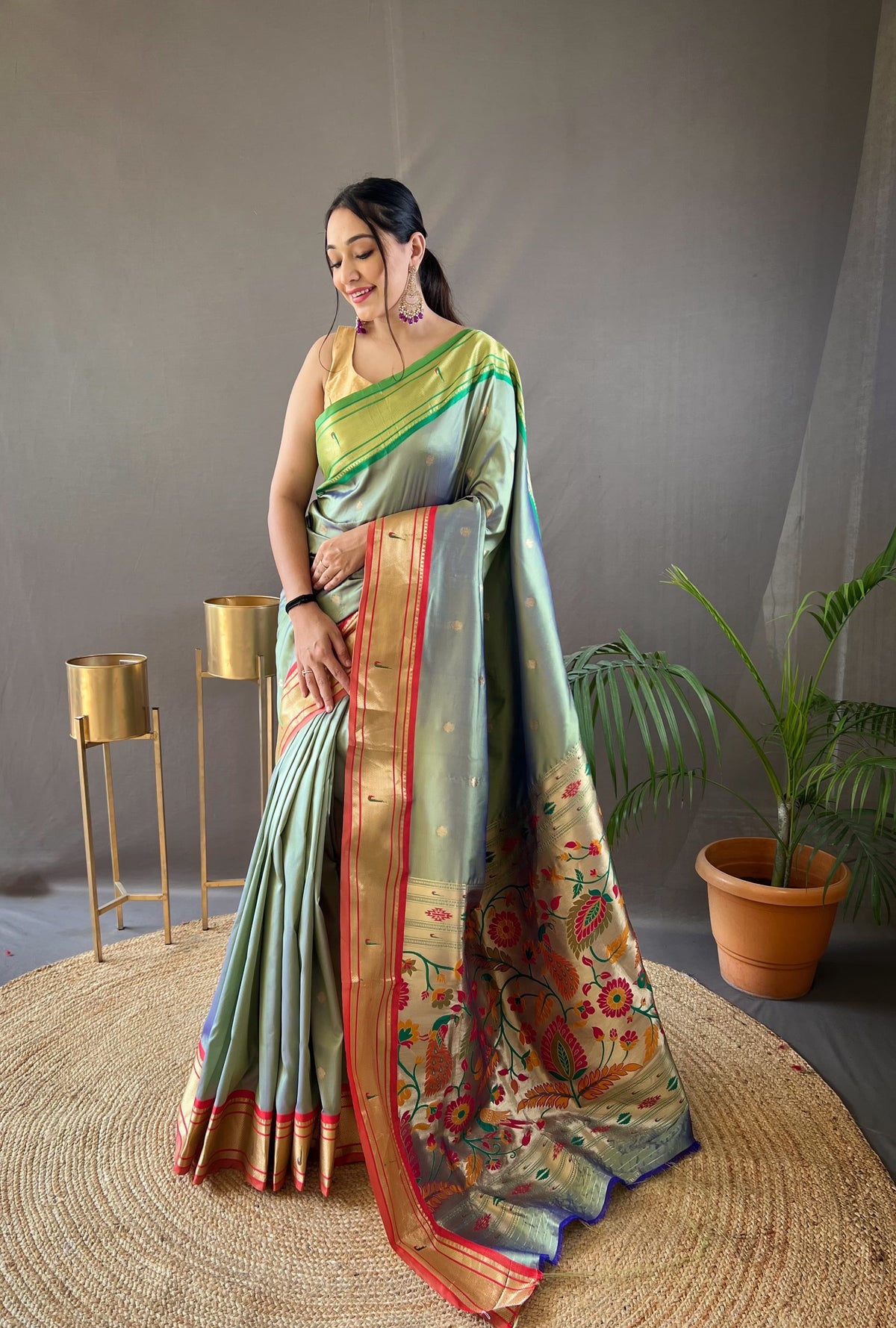 Gorgeous Pista Color Ganga Jamuna Paithani Designer Saree