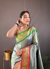 Gorgeous Pista Color Ganga Jamuna Paithani Designer Saree