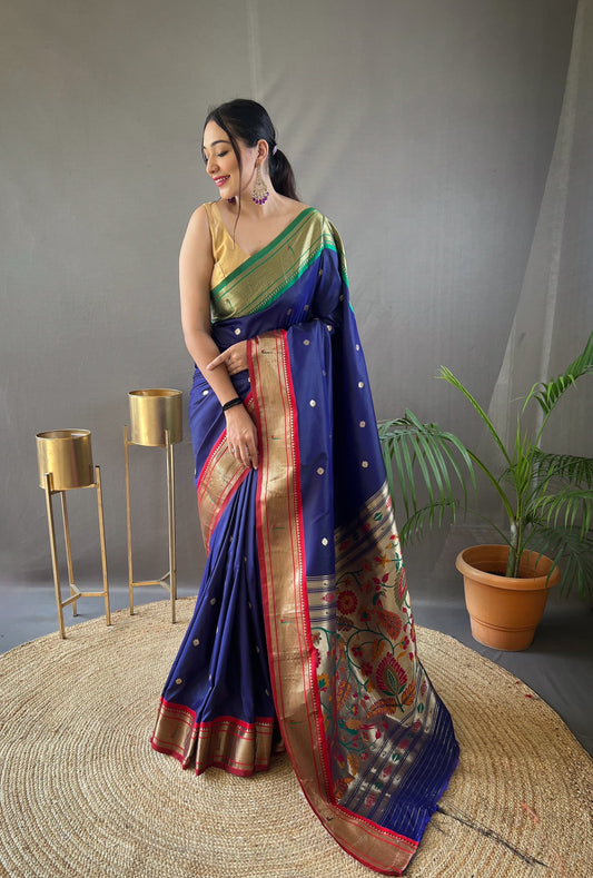 Gorgeous Navy Blue Color Ganga Jamuna Paithani Designer Saree