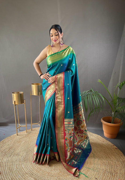 Gorgeous Teal Blue Color Ganga Jamuna Paithani Designer Saree