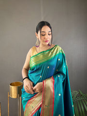 Gorgeous Teal Blue Color Ganga Jamuna Paithani Designer Saree