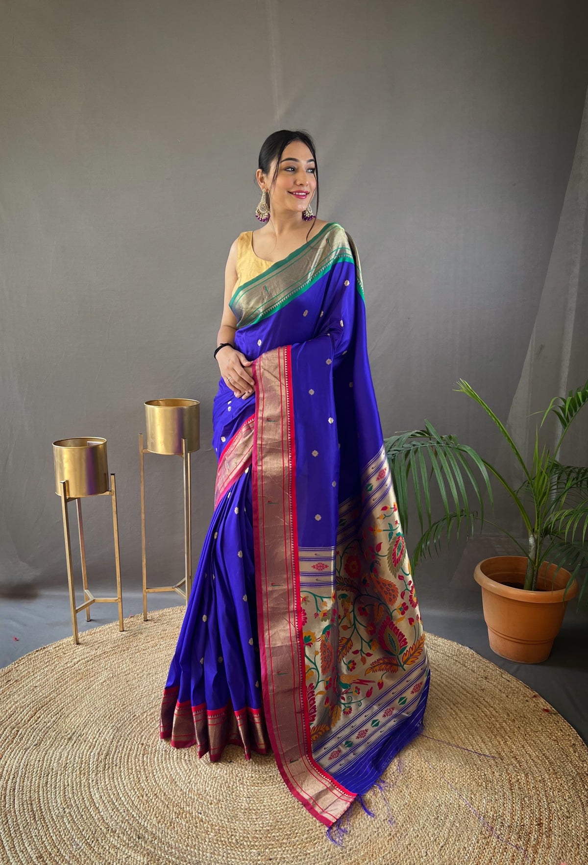 Gorgeous Blue Color Ganga Jamuna Paithani Designer Saree