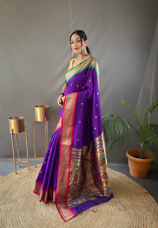 Gorgeous Purple Color Ganga Jamuna Paithani Designer Saree