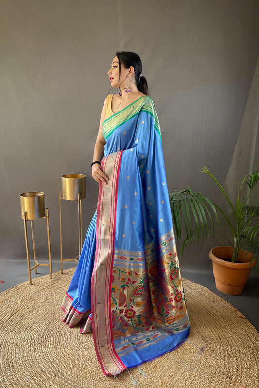 Gorgeous Sky Blue Color Ganga Jamuna Paithani Designer Saree