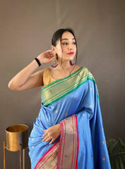 Gorgeous Sky Blue Color Ganga Jamuna Paithani Designer Saree