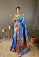 Gorgeous Sky Blue Color Ganga Jamuna Paithani Designer Saree