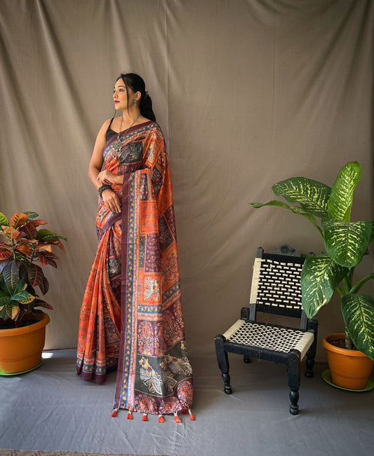 Function Wear Digital Printed Cotton Orange Color Saree