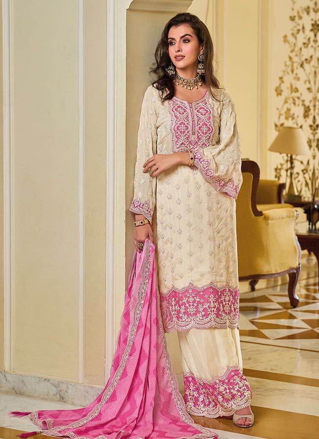 Fashionable White And Pink Color Work Palazzo Suit