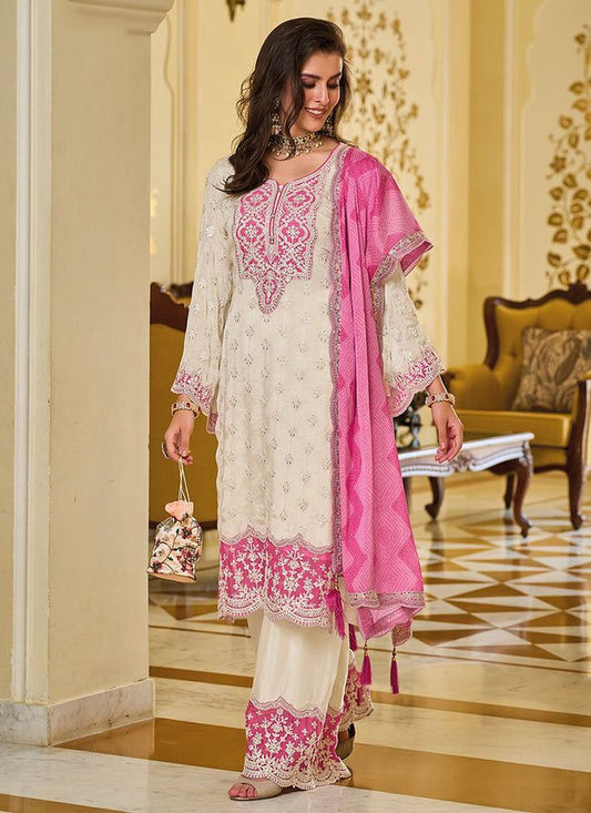 Fashionable White And Pink Color Work Palazzo Suit