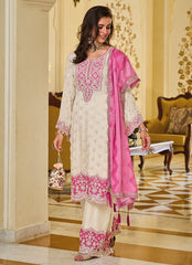 Fashionable White And Pink Color Work Palazzo Suit