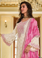 Fashionable White And Pink Color Work Palazzo Suit