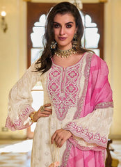 Fashionable White And Pink Color Work Palazzo Suit