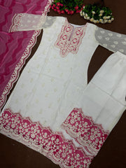 Fashionable White And Pink Color Work Palazzo Suit