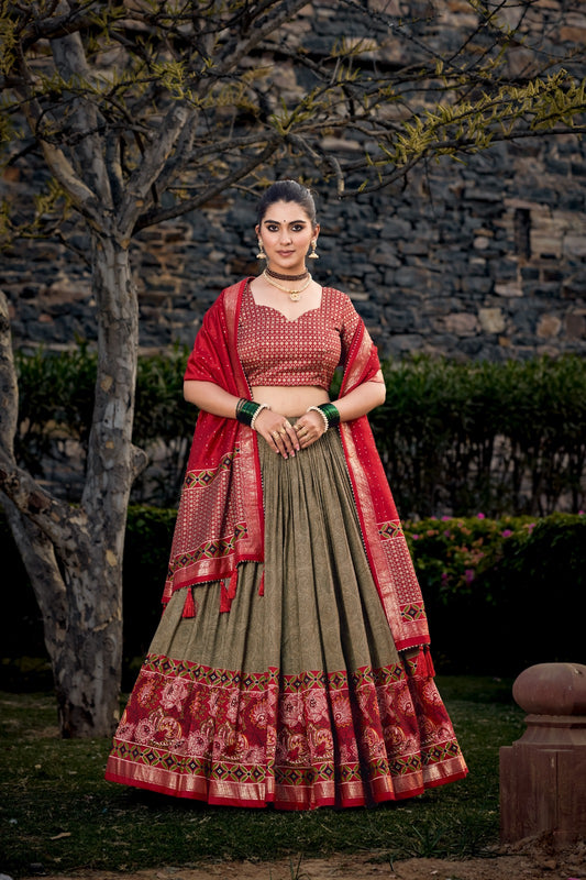 Mehndi and Red Color Ceremony Wear Lehenga Choli