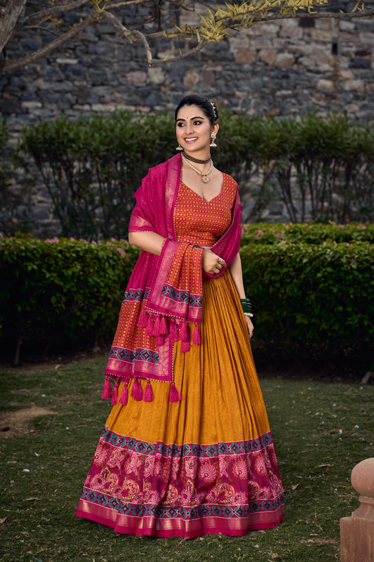 Mustard and Red Color Ceremony Wear Lehenga Choli