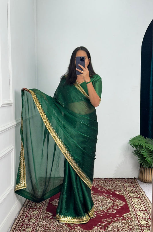 Terrific Embroidery Lace Work Green Color Saree