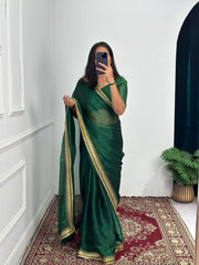 Terrific Embroidery Lace Work Green Color Saree