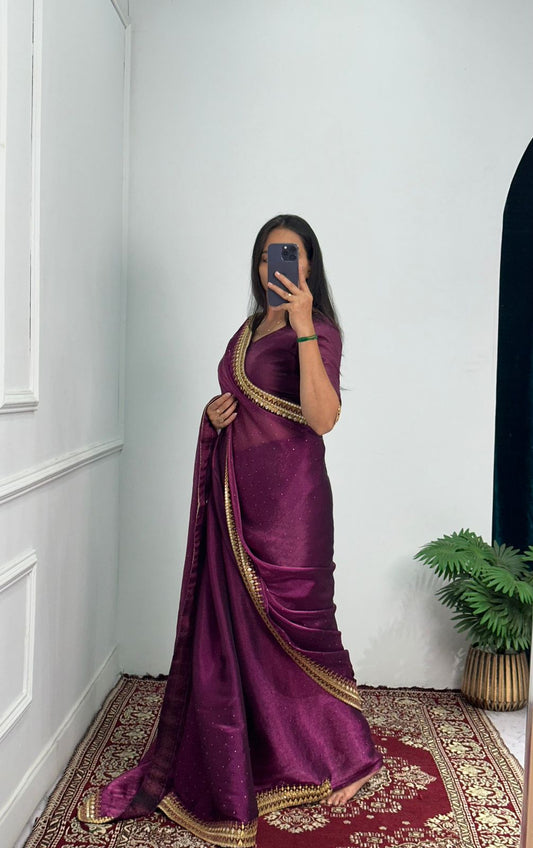 Terrific Embroidery Lace Work Wine Color Saree