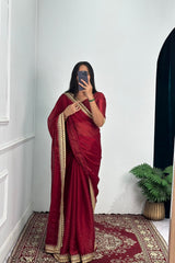 Terrific Embroidery Lace Work Red Color Saree