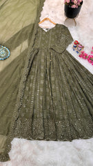 Pretty Sequence Embroidery Work Green Color Gown