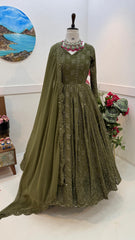 Pretty Sequence Embroidery Work Green Color Gown