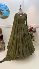 Pretty Sequence Embroidery Work Green Color Gown