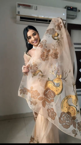 Marvelous Flowers Design Brown Color Saree