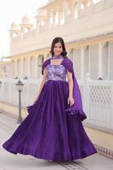 Pleted Purple Color Beautiful Print Work Gown