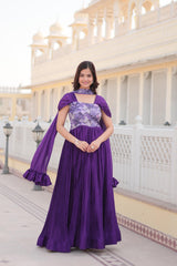 Pleted Purple Color Beautiful Print Work Gown