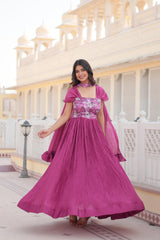 Pleted Pink Color Beautiful Print Work Gown