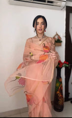 Exotic Flowers Design Peach Color Saree