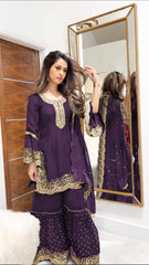 Mesmerizing Embroidery Work Wine Color Sharara Suit