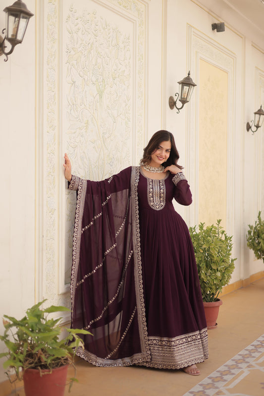 Fantastic Wine Color Embroidered Work Gown