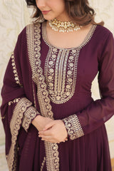 Fantastic Wine Color Embroidered Work Gown