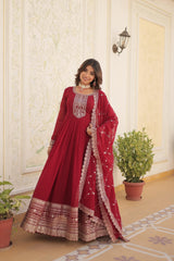 Fantastic Maroon Color Embroidered Work Gown