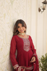 Fantastic Maroon Color Embroidered Work Gown