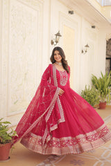 Fantastic Pink Color Embroidered Work Gown