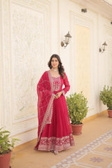 Fantastic Pink Color Embroidered Work Gown