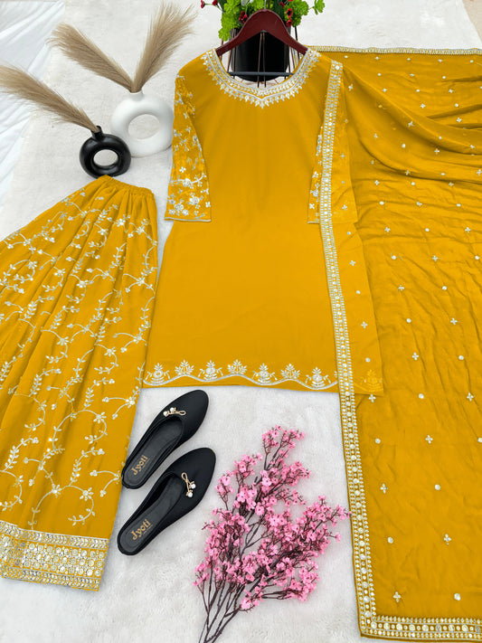 Fantastic Embroidery Sequence Work Yellow Color Top With Plazzo Suit