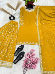 Fantastic Embroidery Sequence Work Yellow Color Top With Plazzo Suit