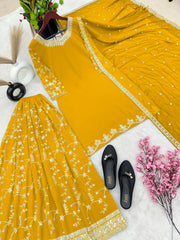 Fantastic Embroidery Sequence Work Yellow Color Top With Plazzo Suit