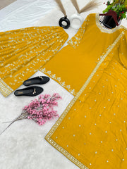 Fantastic Embroidery Sequence Work Yellow Color Top With Plazzo Suit